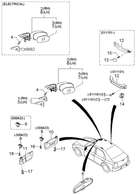 2002 Kia Spectra Outside Rear View Mirror Assembly, Right Diagram for 0K2AA69120BXX