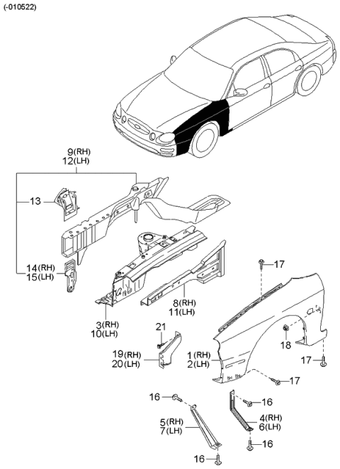 2004 Kia Spectra Fender & Wheel Apron Panels Diagram 1