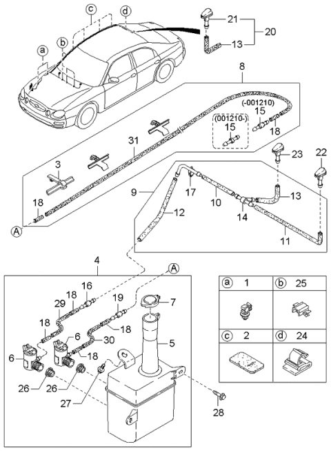 2000 Kia Spectra Windshield Washer Tank Assembly Diagram for 0K2B167480B