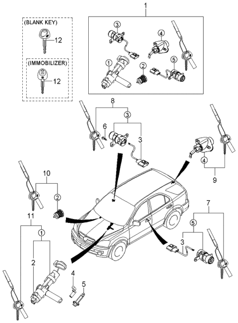 2006 Kia Sorento Key & Cylinder Set Diagram