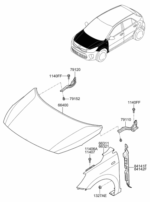 2020 Kia Rio Fender & Hood Panel Diagram