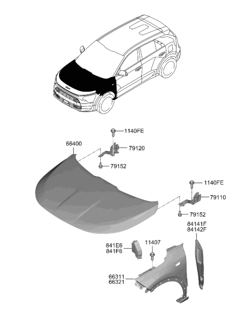 2023 Kia Niro Fender & Hood Panel Diagram