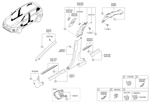 2019 Kia Sportage Trim Assembly-Center Pillar Diagram for 85845D9500GBU