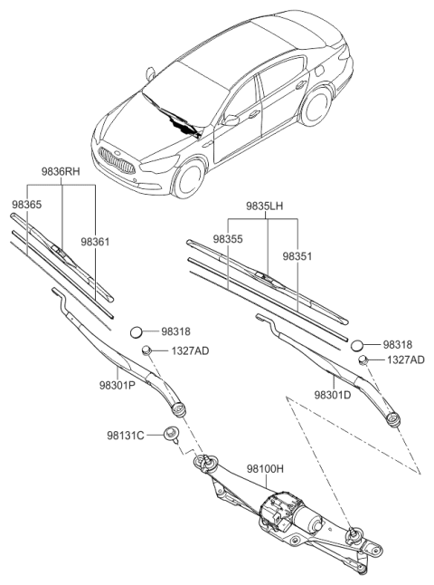 2015 Kia K900 Passenger Windshield Wiper Blade Assembly Diagram for 983513T500