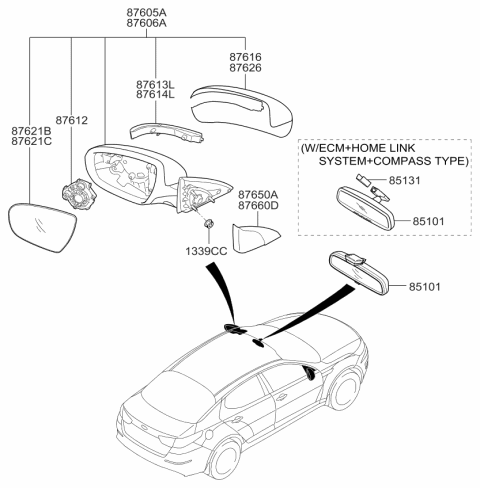 2014 Kia Optima Outside Rear View Mirror Assembly, Left Diagram for 876102T610
