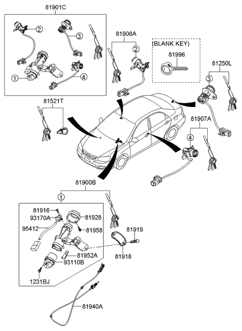 2009 Kia Spectra Key Set Diagram for 819052F500