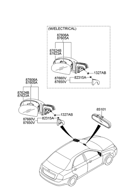 2007 Kia Spectra Mirror-Outside Rear View Diagram