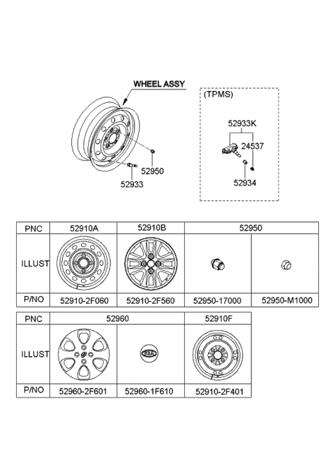 2009 Kia Spectra Wheel & Cap Diagram