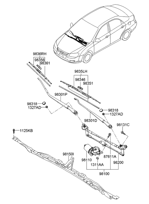 2008 Kia Spectra Drive Windshield Wiper Blade Assembly Diagram for 983513F000