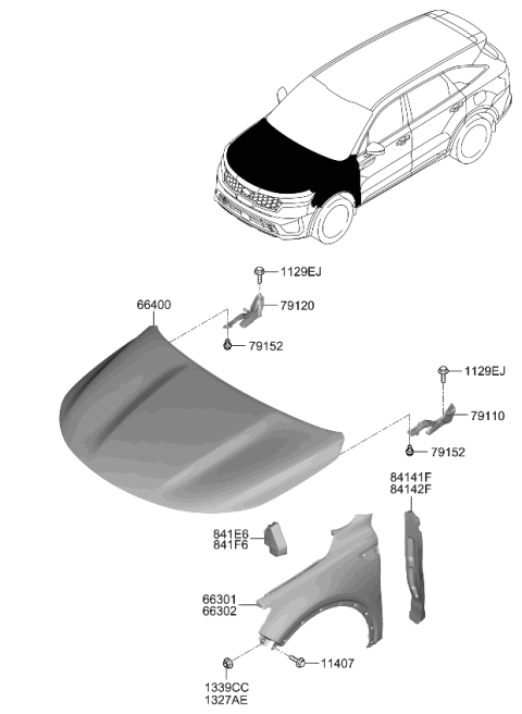 2021 Kia Sorento Fender & Hood Panel Diagram