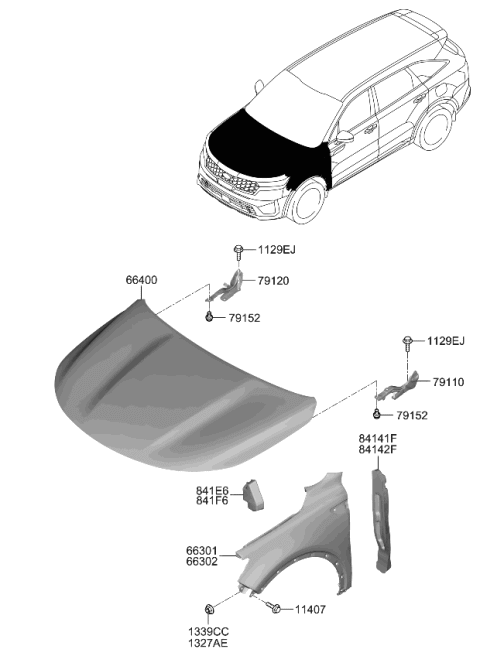 2023 Kia Sorento Fender & Hood Panel Diagram