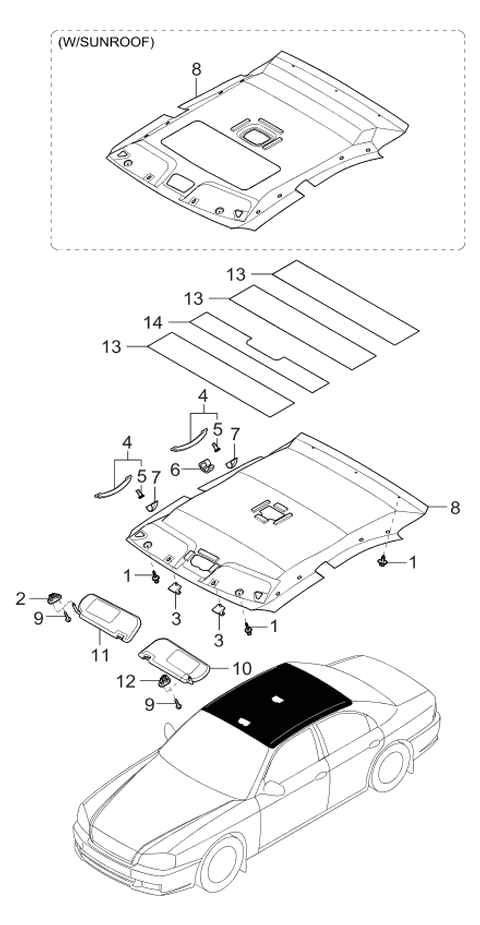 2000 Kia Optima Sunvisor & Head Lining Diagram 1