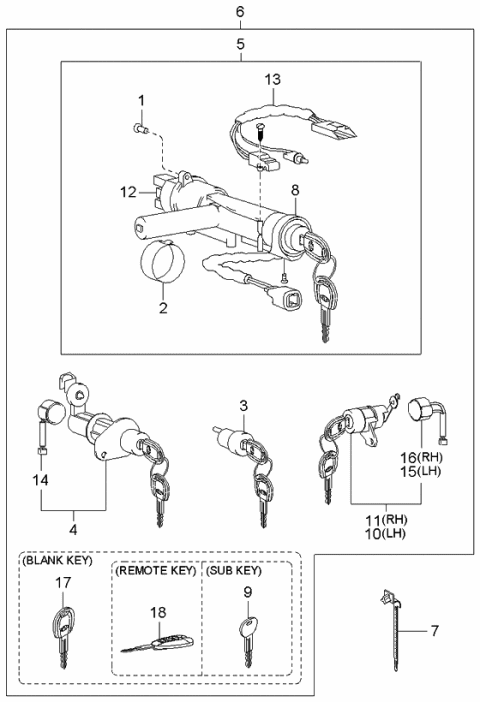 2001 Kia Optima Key & Cylinder Set Diagram