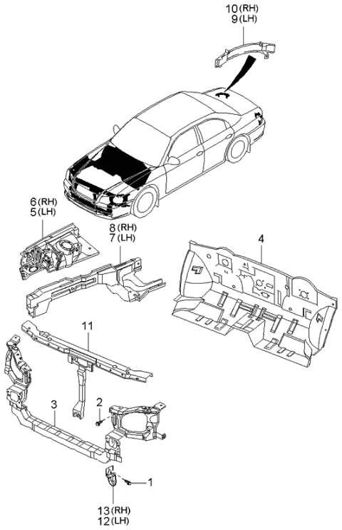 2001 Kia Optima Fender Apron & Radiator Support Panel Diagram