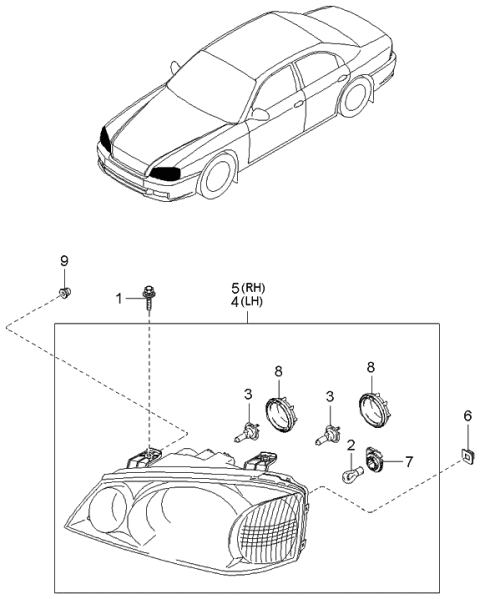 2000 Kia Optima Passenger Side Headlight Assembly Diagram for 921023C050