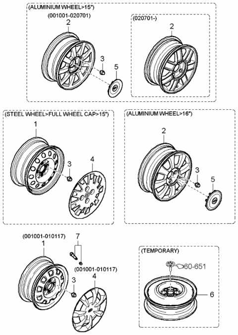 2003 Kia Optima Wheel & Cap Diagram