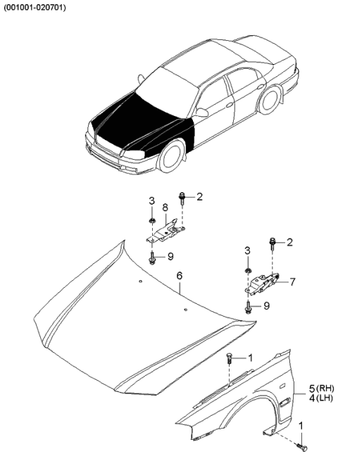 2000 Kia Optima Fender & Hood Panel Diagram 1