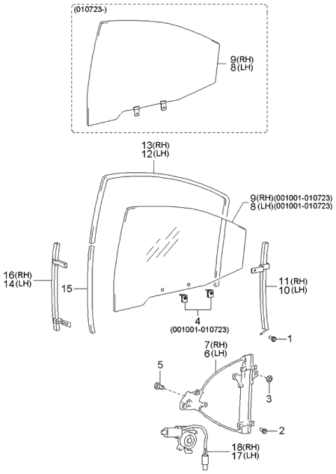 2000 Kia Optima Rear Door Window Reg & Glass Diagram