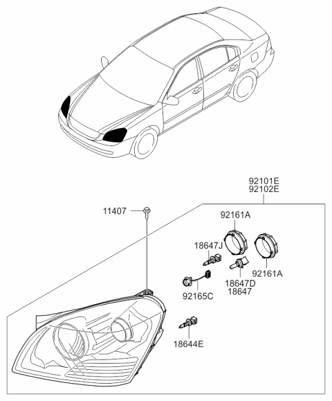 2008 Kia Optima Driver Side Headlight Assembly Diagram for 921012G060