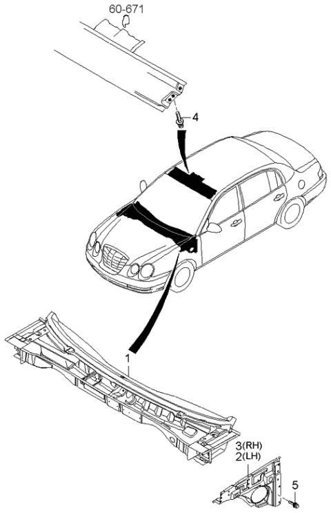 2005 Kia Amanti Panel-COWL Side Outer Diagram for 667553F100