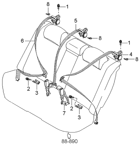 2004 Kia Amanti Rear Emergency Locking Retractor 3 Seat Belt Assembly Diagram for 898103F510LK