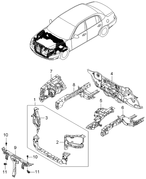 2006 Kia Amanti Fender Apron & Radiator Support Panel Diagram