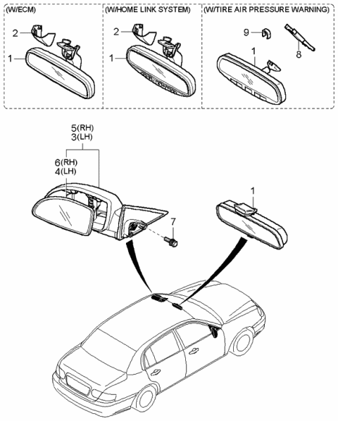 2004 Kia Amanti Outside Rear Mirror & Holder, Right Diagram for 876213F500