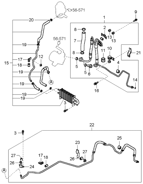 2006 Kia Amanti Old Body Style Power Steering Hose & Bracket Diagram