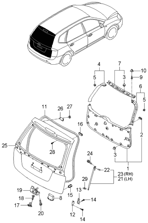 2006 Kia Rondo Tail Gate Panel & Locking System Diagram