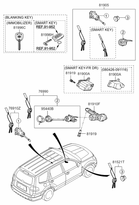 2008 Kia Borrego Door Key Sub Set, Left Diagram for 819702JA00