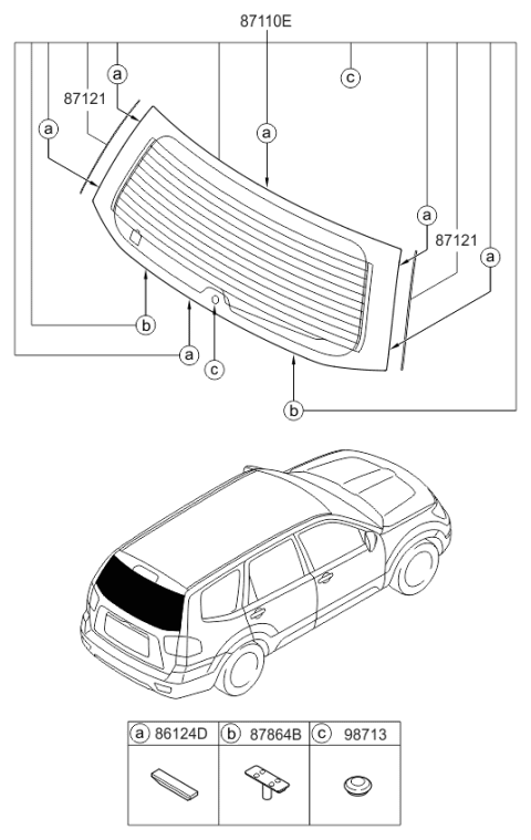 2012 Kia Borrego Rear Window Glass & Moulding Diagram