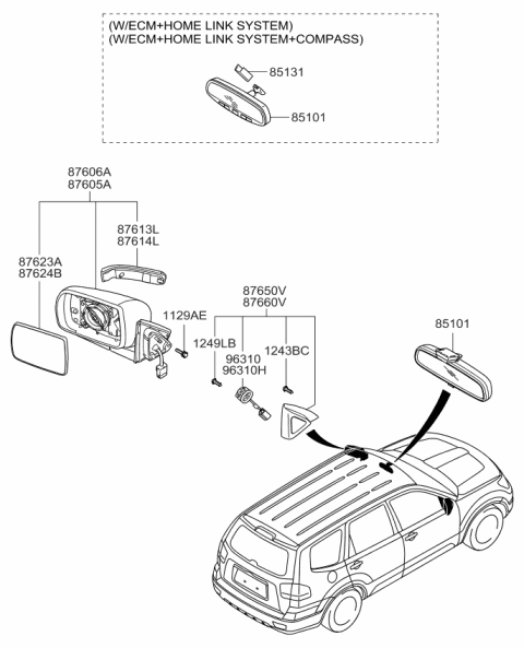 2008 Kia Borrego Outside Rear View Mirror Assembly, Left Diagram for 876102J150