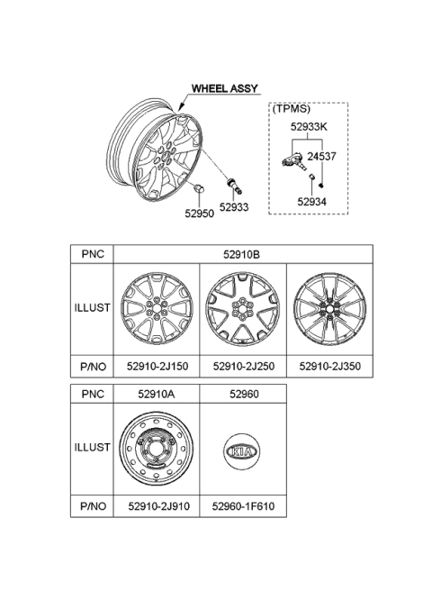 2009 Kia Borrego Wheel & Cap Diagram