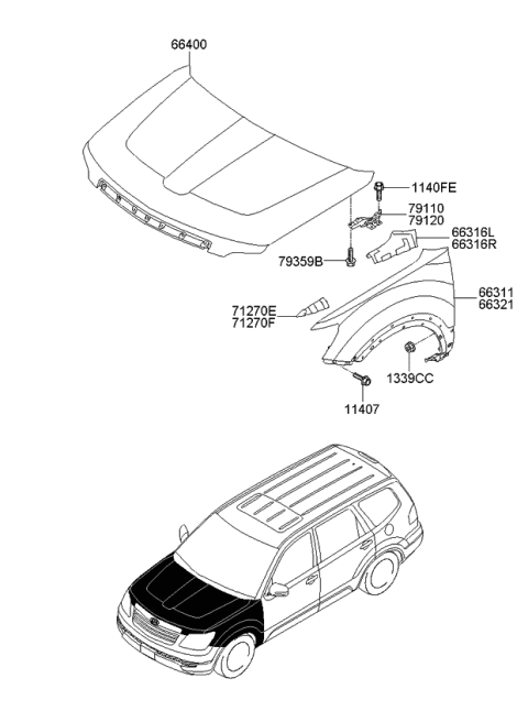 2011 Kia Borrego Fender & Hood Panel Diagram