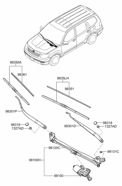2010 Kia Borrego Driver Windshield Wiper Blade Assembly Diagram for 983502J000