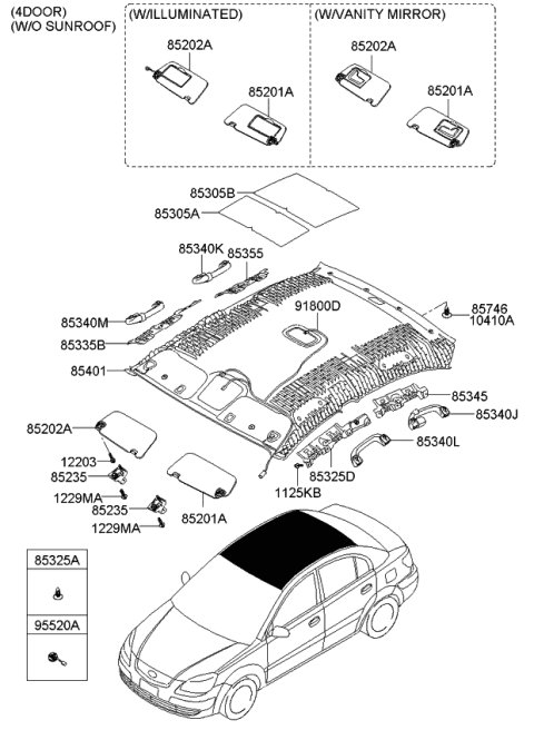 2006 Kia Rio Sunvisor Assembly Left Diagram for 852101G401LX