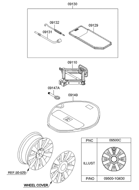 2009 Kia Rio Cover-Wheel Diagram for 095001G630