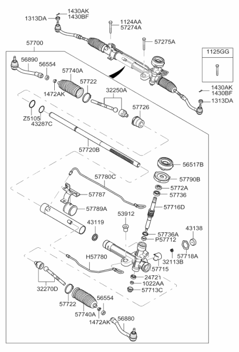 2009 Kia Rio Rack Assembly-Power Steering Gear Box Diagram for 577101G000