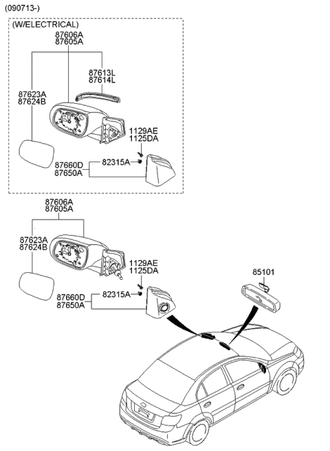 2006 Kia Rio Outside Rear View Mirror & Holder Assembly, Left Diagram for 876111E500