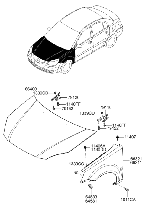 2011 Kia Rio Fender & Hood Panel Diagram