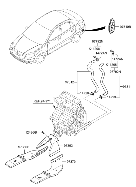 2011 Kia Rio Duct Assembly-Rear Heating Diagram for 973700C000