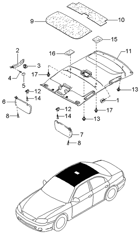 2001 Kia Spectra Sunvisor & Head Lining Diagram