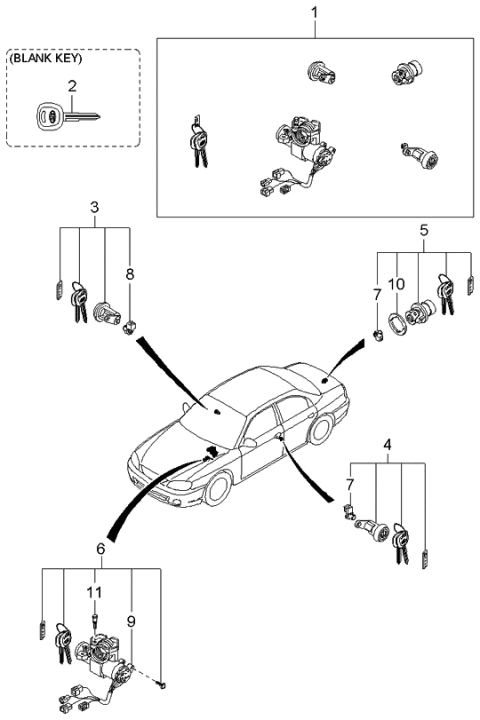 2001 Kia Spectra Key & Cylinder Set Diagram