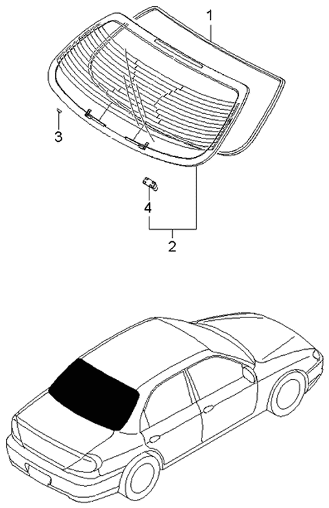 2002 Kia Spectra Sedan (New Body Style) Rear Window Glass & Moulding Diagram