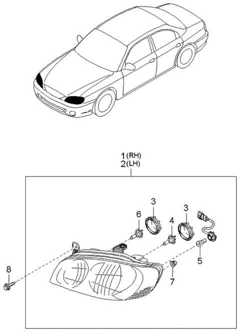 2001 Kia Spectra Front Driver Side Headlight Assembly Diagram for 0K2NB51040
