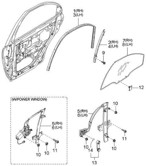 2004 Kia Spectra Rear Door Window Reg & Glass Diagram