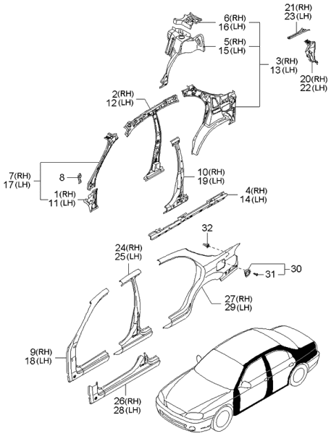 2004 Kia Spectra Pillar-Rear In, LH Diagram for 0K2NA7111X