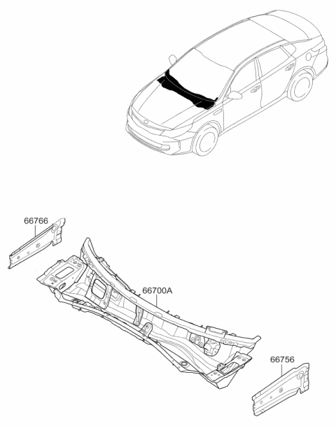 2018 Kia Optima Hybrid Panel-COWL Side Outer Diagram for 66766D4000