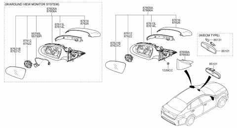 2018 Kia Optima Hybrid Outside Rear View Mirror Assembly, Right Diagram for 87620A8000