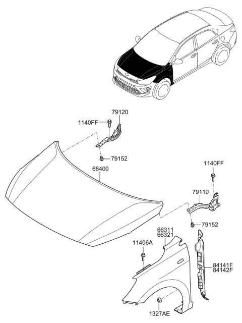 2021 Kia Rio Fender & Hood Panel Diagram